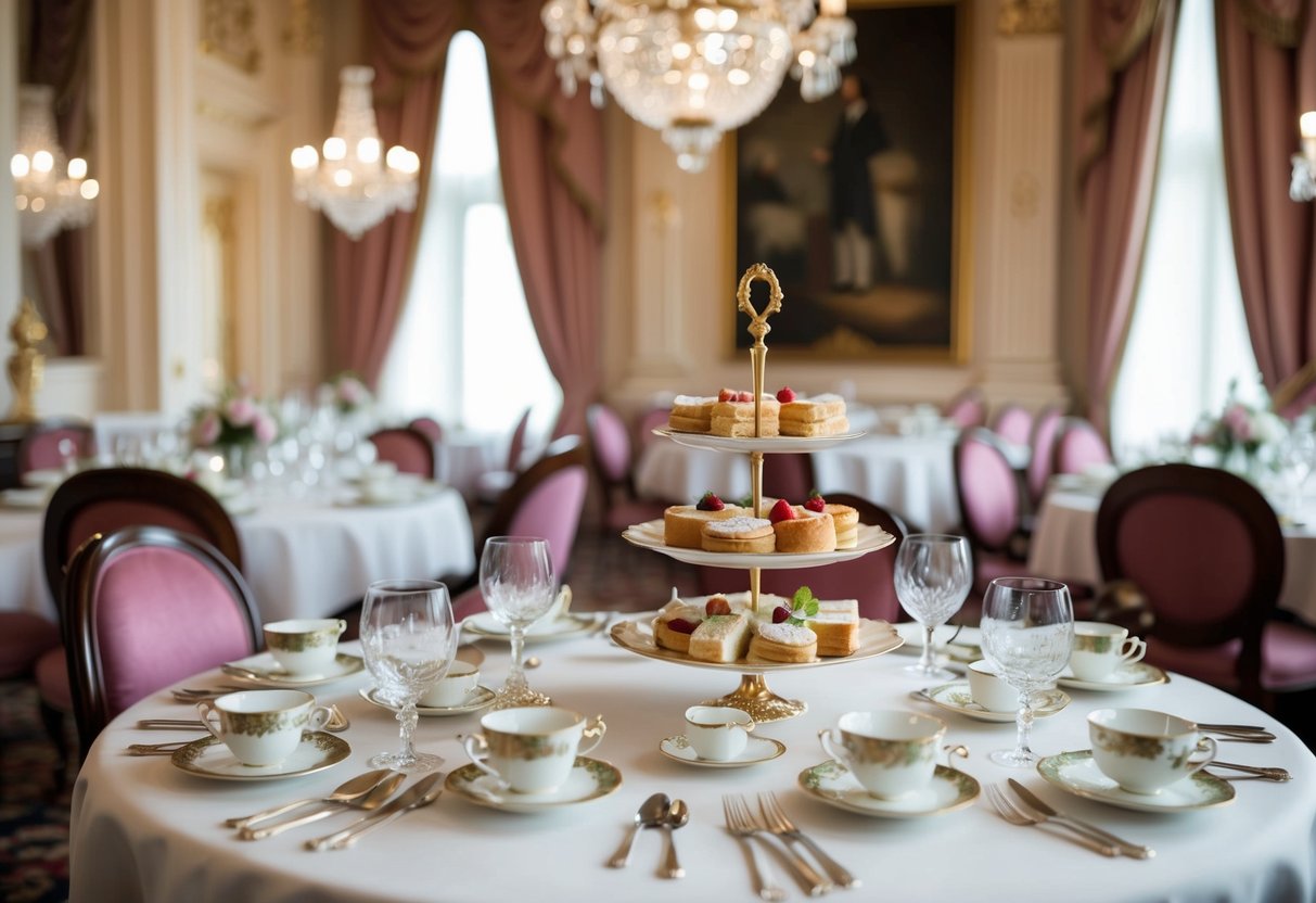 A grand dining room with ornate tables set with delicate tea sets and tiered trays of pastries and finger sandwiches