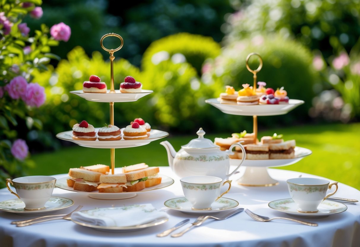 A charming tea party set in a garden, with a variety of dainty pastries and finger sandwiches displayed on elegant tiered stands