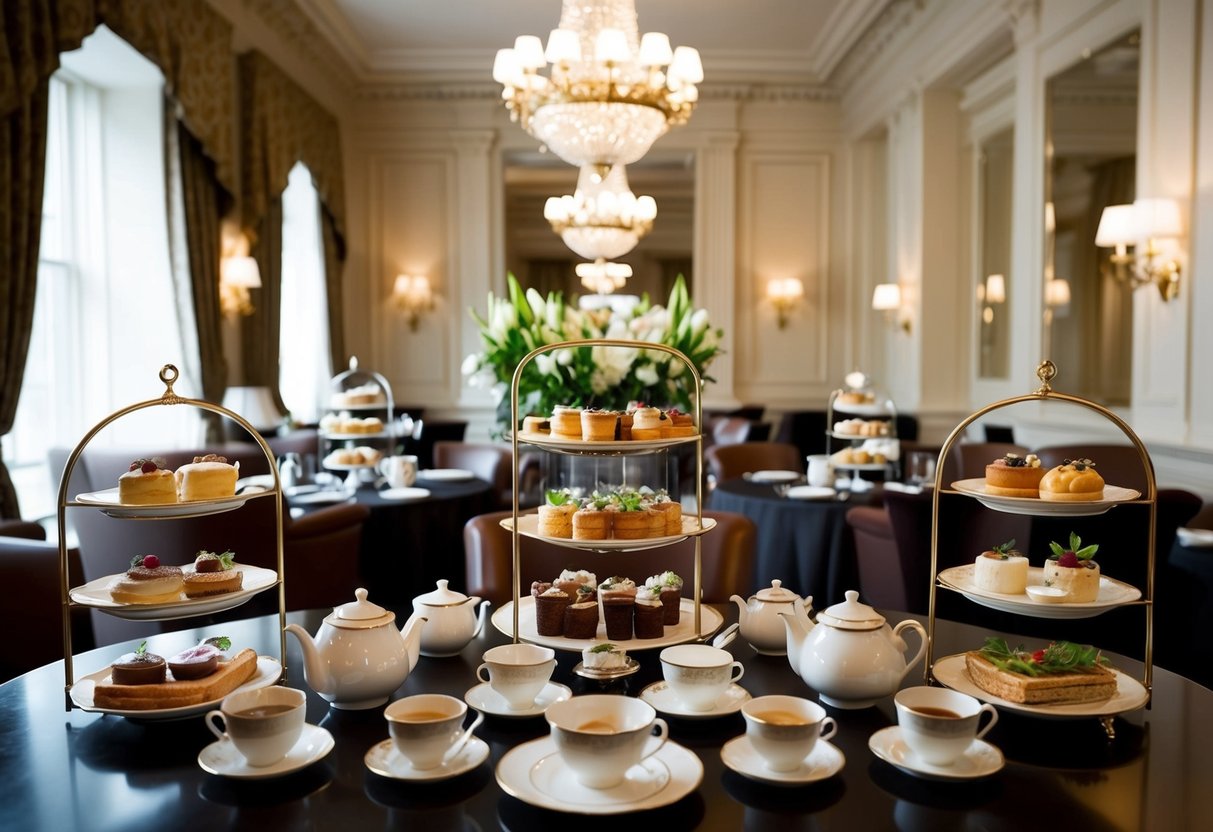 The elegant London Tea Room at Brown's Hotel, with a lavish high tea buffet spread, exudes sophistication and historic charm