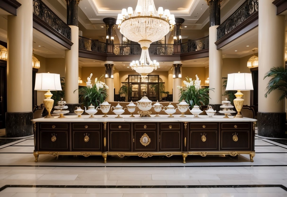 A grand hotel lobby with ornate furniture and elegant tea sets displayed on a lavish buffet table