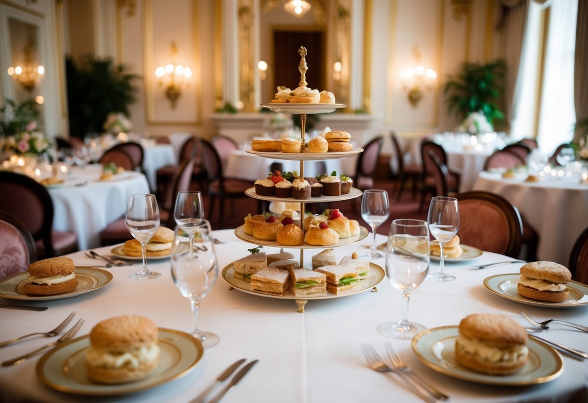 A grand dining room filled with elegant tables adorned with tiered trays of delicate pastries, sandwiches, and scones, surrounded by opulent decor and soft lighting