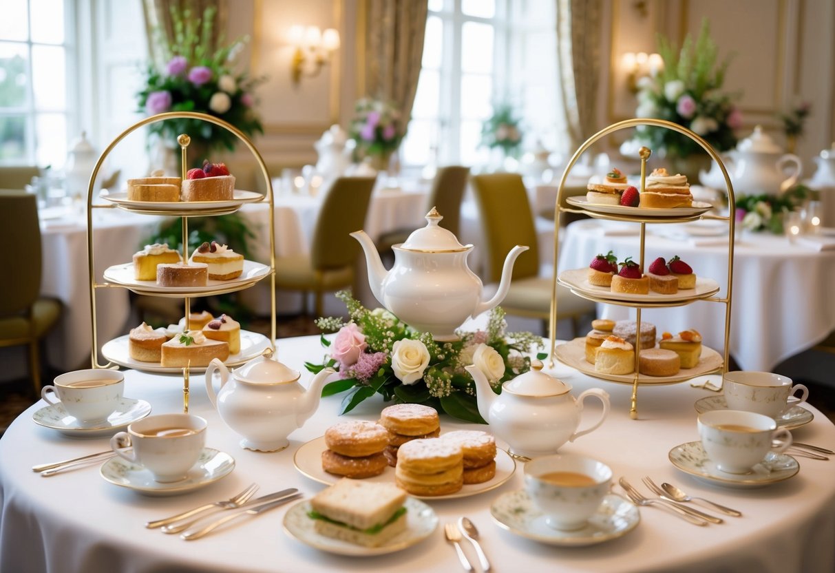 A grand high tea buffet spread with elegant teapots, tiered trays of pastries, and delicate finger sandwiches on a table adorned with floral arrangements and fine china