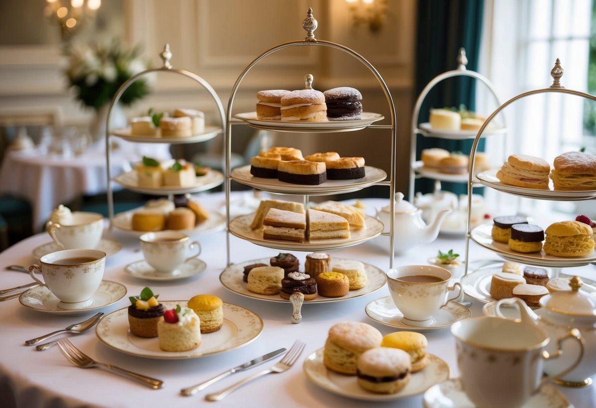 A luxurious high tea buffet spread featuring an array of delicate pastries, sandwiches, scones, and assorted teas displayed on elegant tiered trays and ornate tableware
