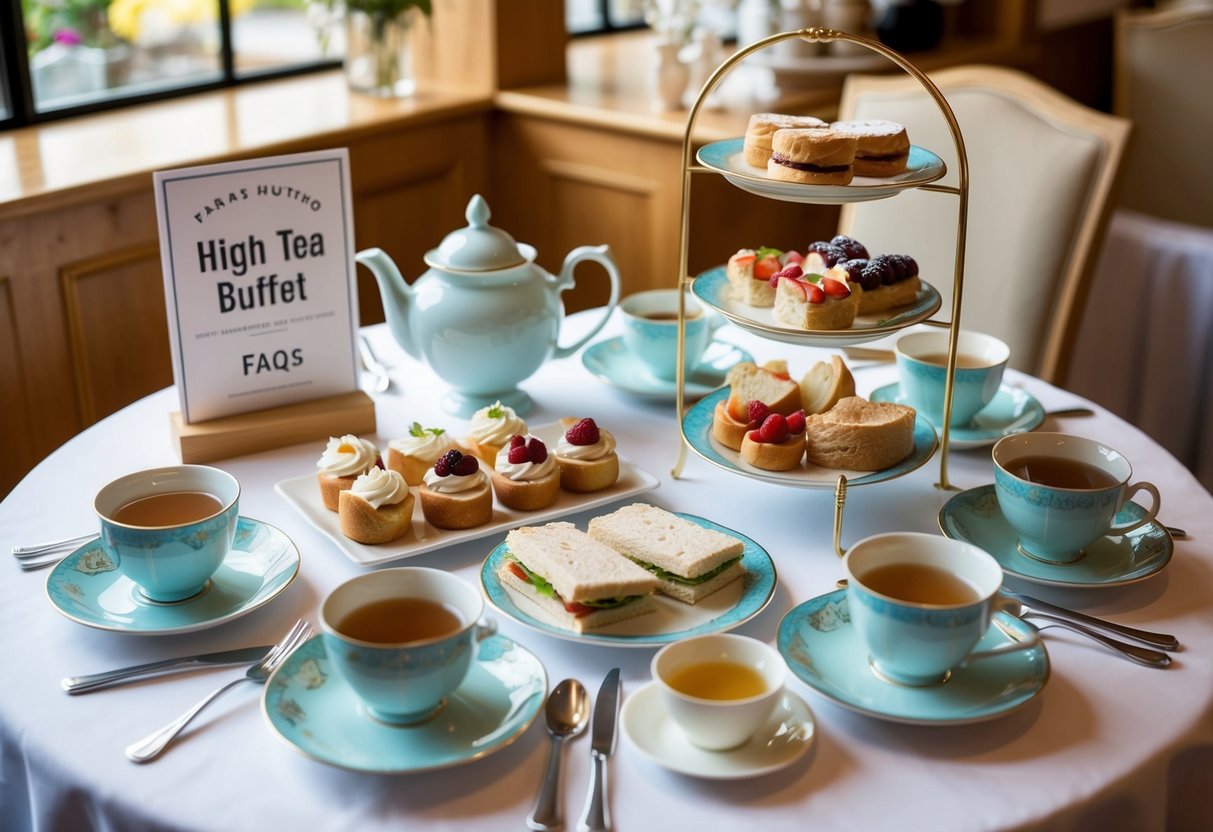 A table set with an assortment of tea cups, saucers, and plates of pastries and finger sandwiches, with a sign promoting high tea buffet FAQs