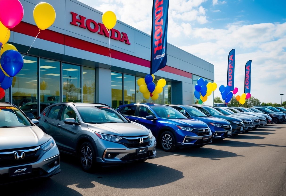 A Honda dealership with colorful banners and balloons. Newly released models on display with promotional signs