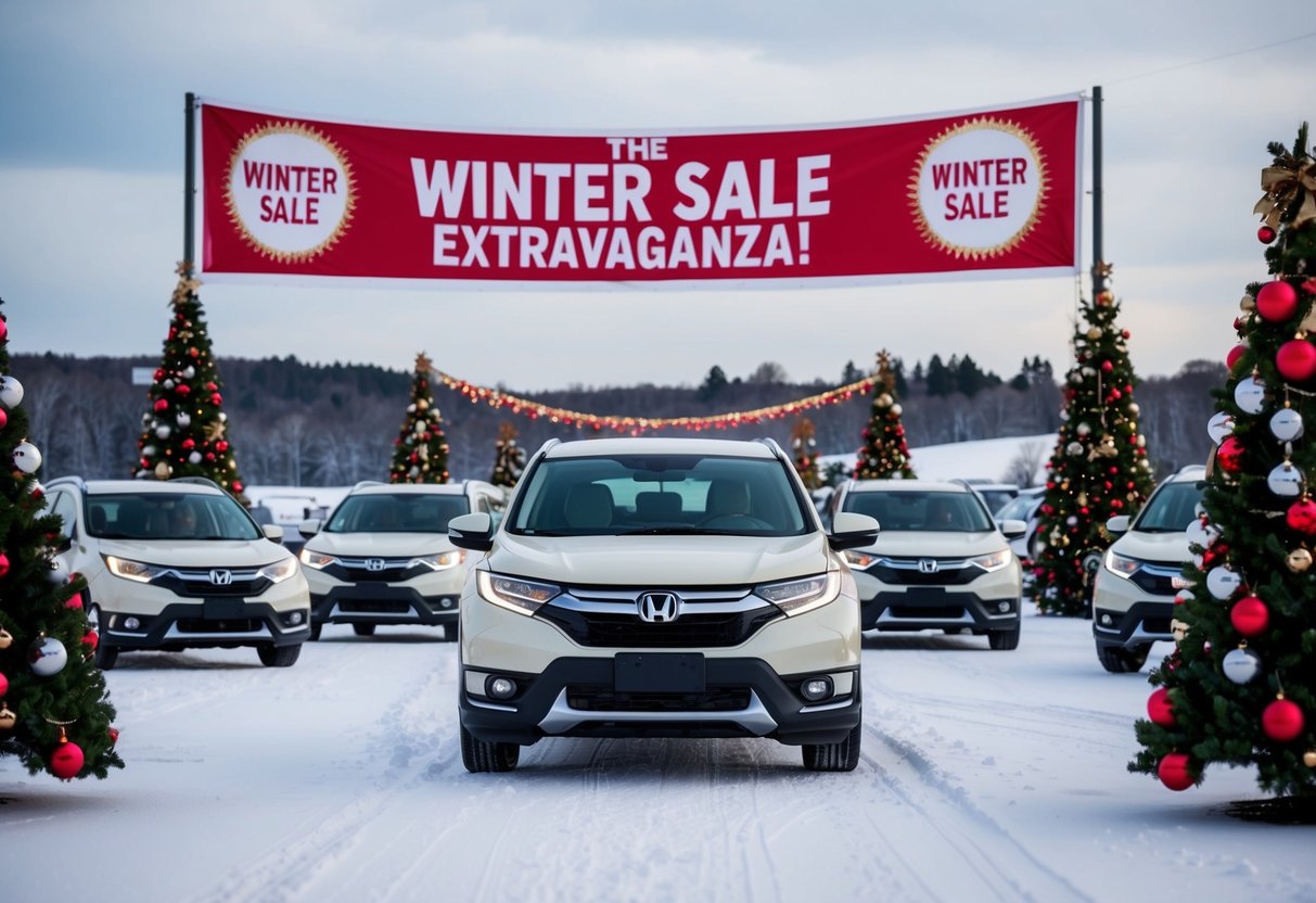 A snowy landscape with a line of Honda vehicles, surrounded by festive decorations and a large banner advertising the Winter Sale Extravaganza