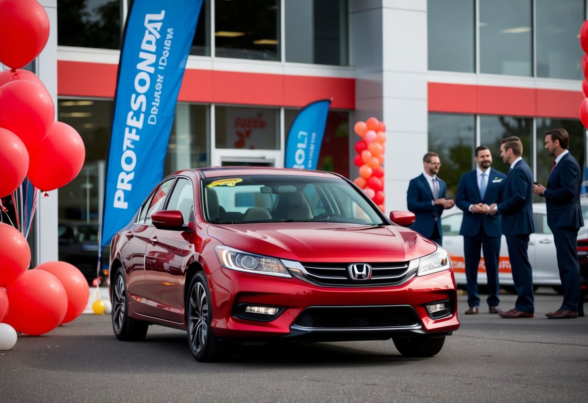 A red Honda sedan parked in front of a dealership, surrounded by balloons and promotional banners. Sales staff talking to customers nearby