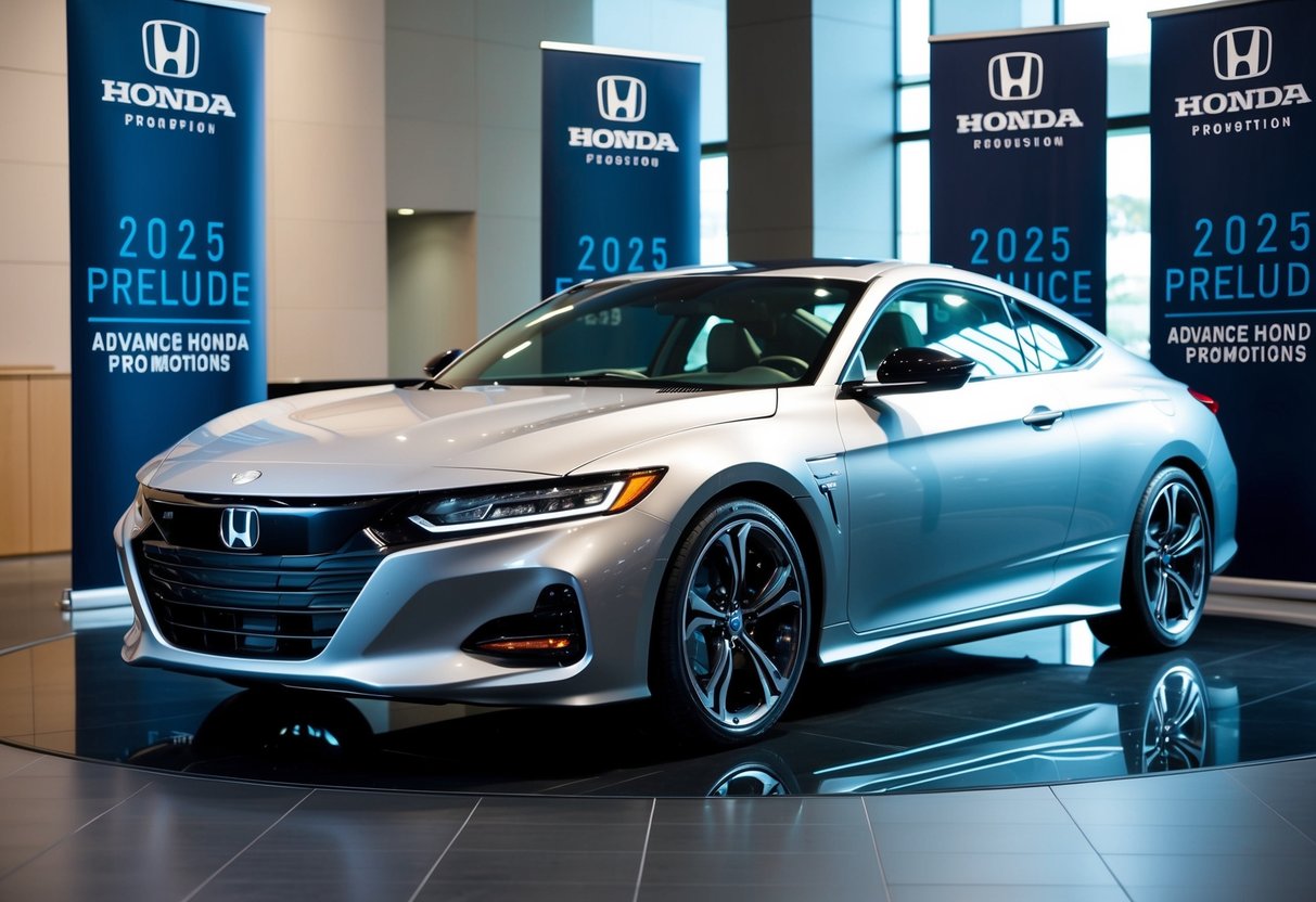 A sleek, futuristic car sits in a showroom surrounded by banners advertising 2025 Prelude Advance Honda promotions