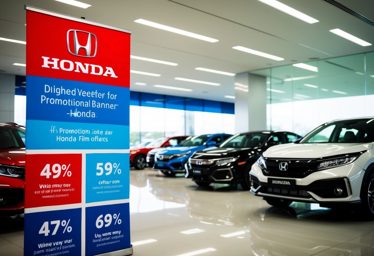 A bright, colorful banner featuring the Honda logo and various promotional offers displayed against a backdrop of a sleek and modern car showroom
