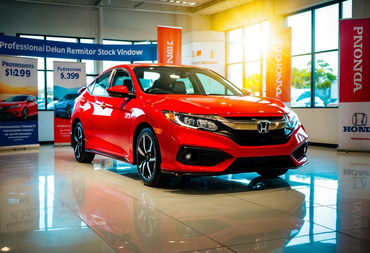 A bright red Honda car sits in a showroom surrounded by promotional banners and signs. The sun shines through the windows, casting a warm glow on the vehicle
