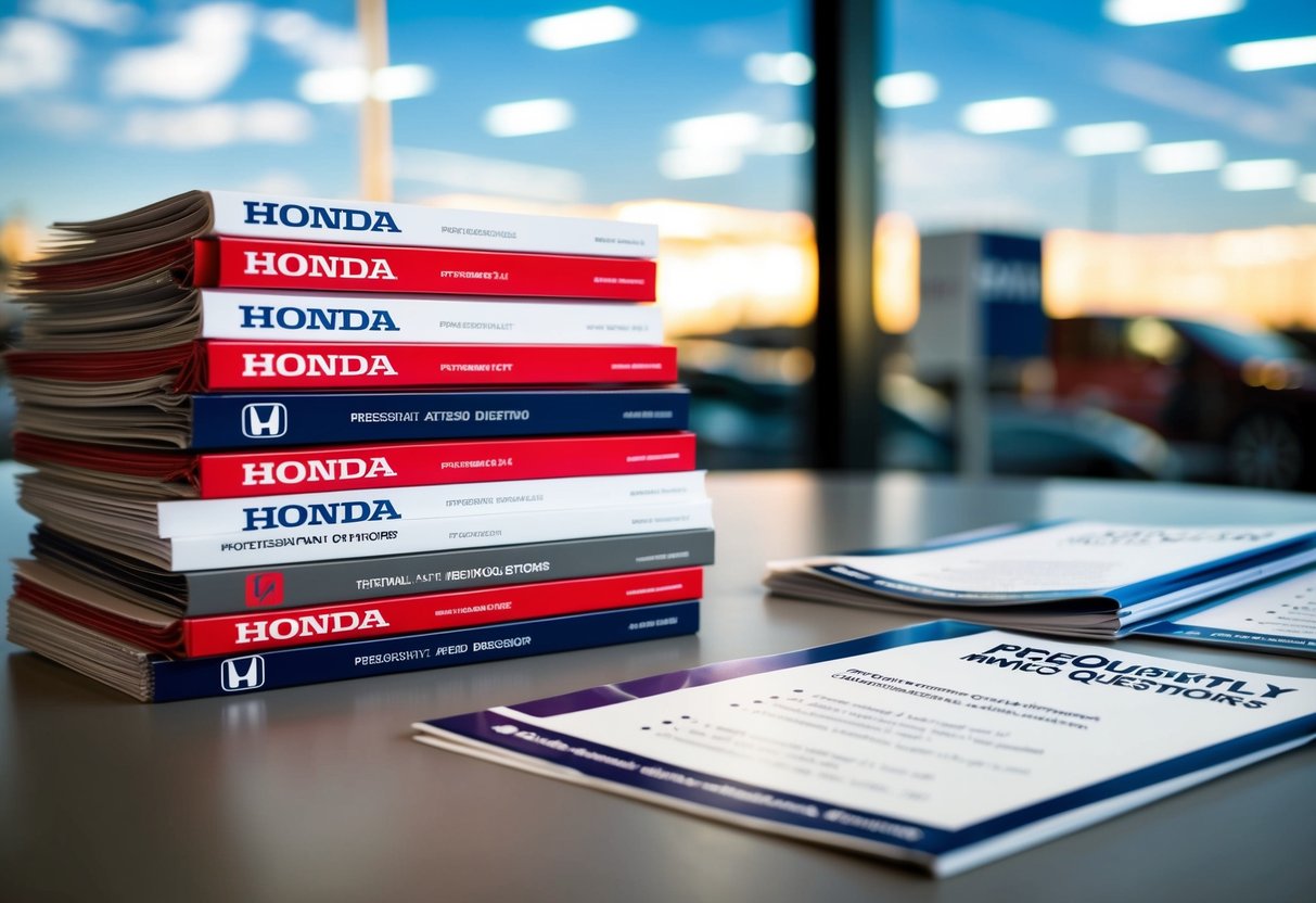 A stack of promotional materials for Honda, including brochures and flyers, neatly arranged on a table with a "Frequently Asked Questions" section highlighted