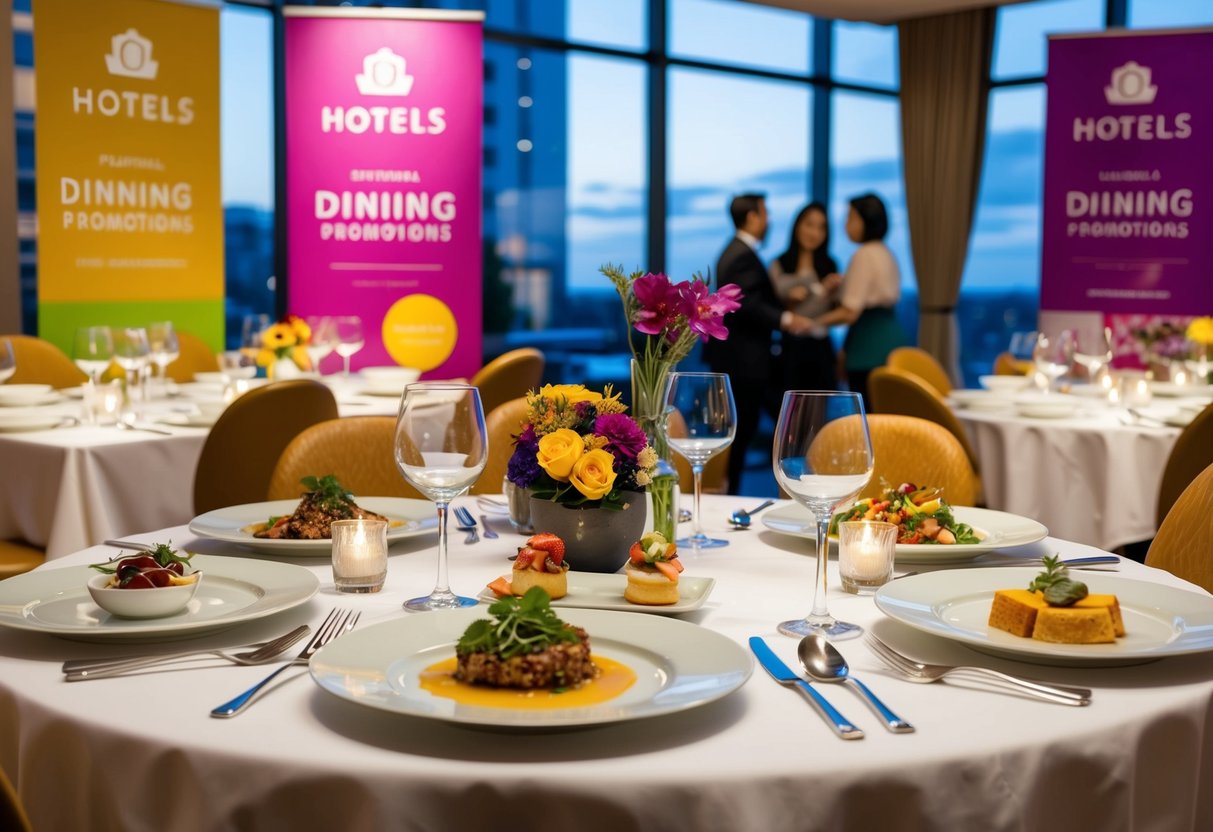 A table set with elegant dinnerware and a variety of delicious dishes, surrounded by colorful banners and promotional materials for the hotel's dining promotions