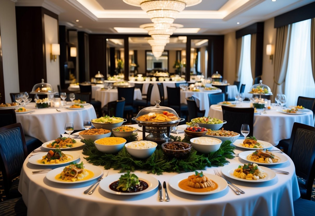 A luxurious hotel dining room filled with an array of gourmet dishes displayed on elegantly set tables for Wednesday Buffet promotions