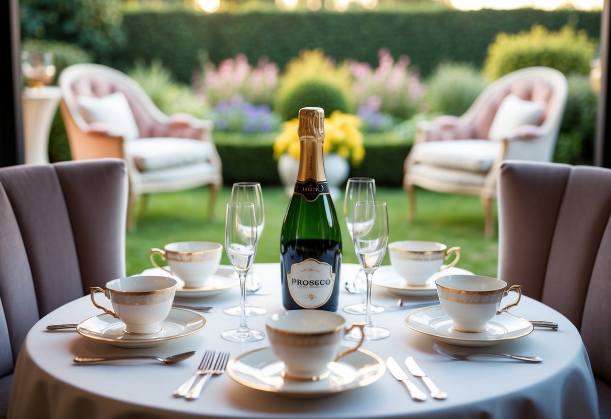 A table set with elegant teacups, saucers, and a bottle of Prosecco, surrounded by plush chairs and a view of a garden