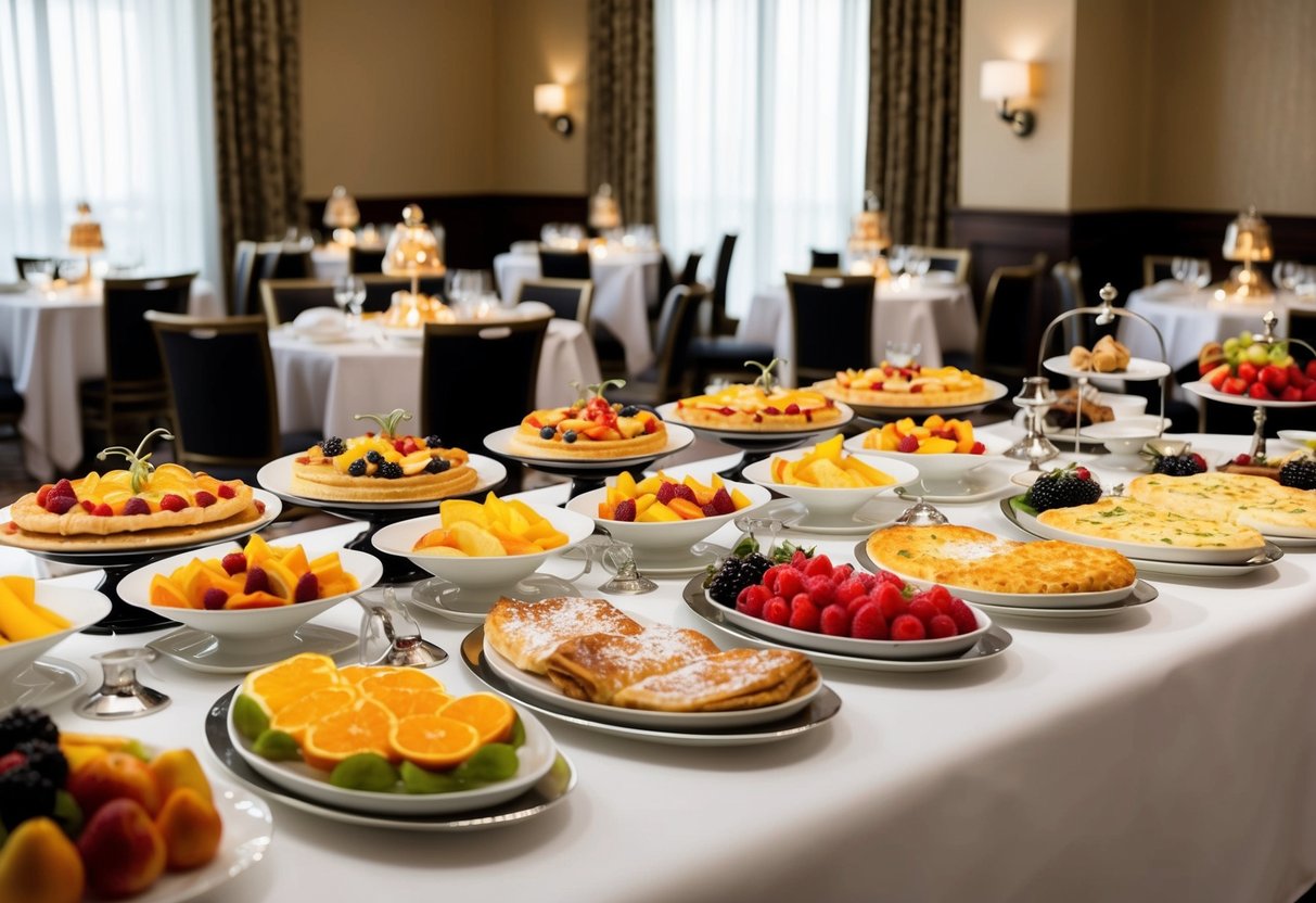 A grand buffet spread of brunch dishes, including pastries, fruits, and omelets, displayed on elegant hotel dining tables with decorative centerpieces