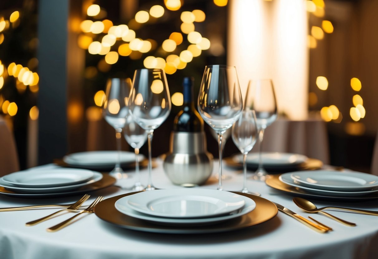 A table set with elegant dishes and wine glasses, surrounded by dimly lit ambiance and soft background music