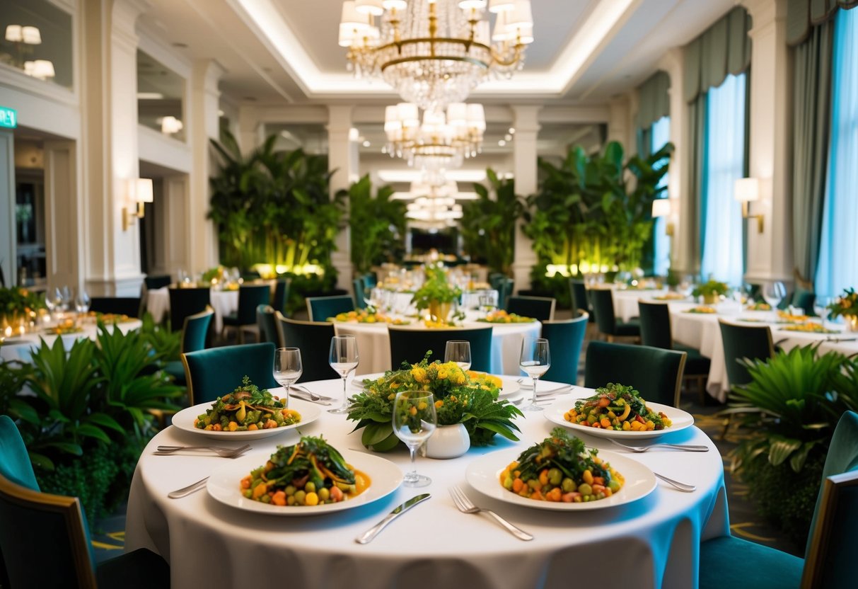 A lavish hotel dining room adorned with lush greenery, featuring an array of vibrant vegan dishes displayed on elegant tables