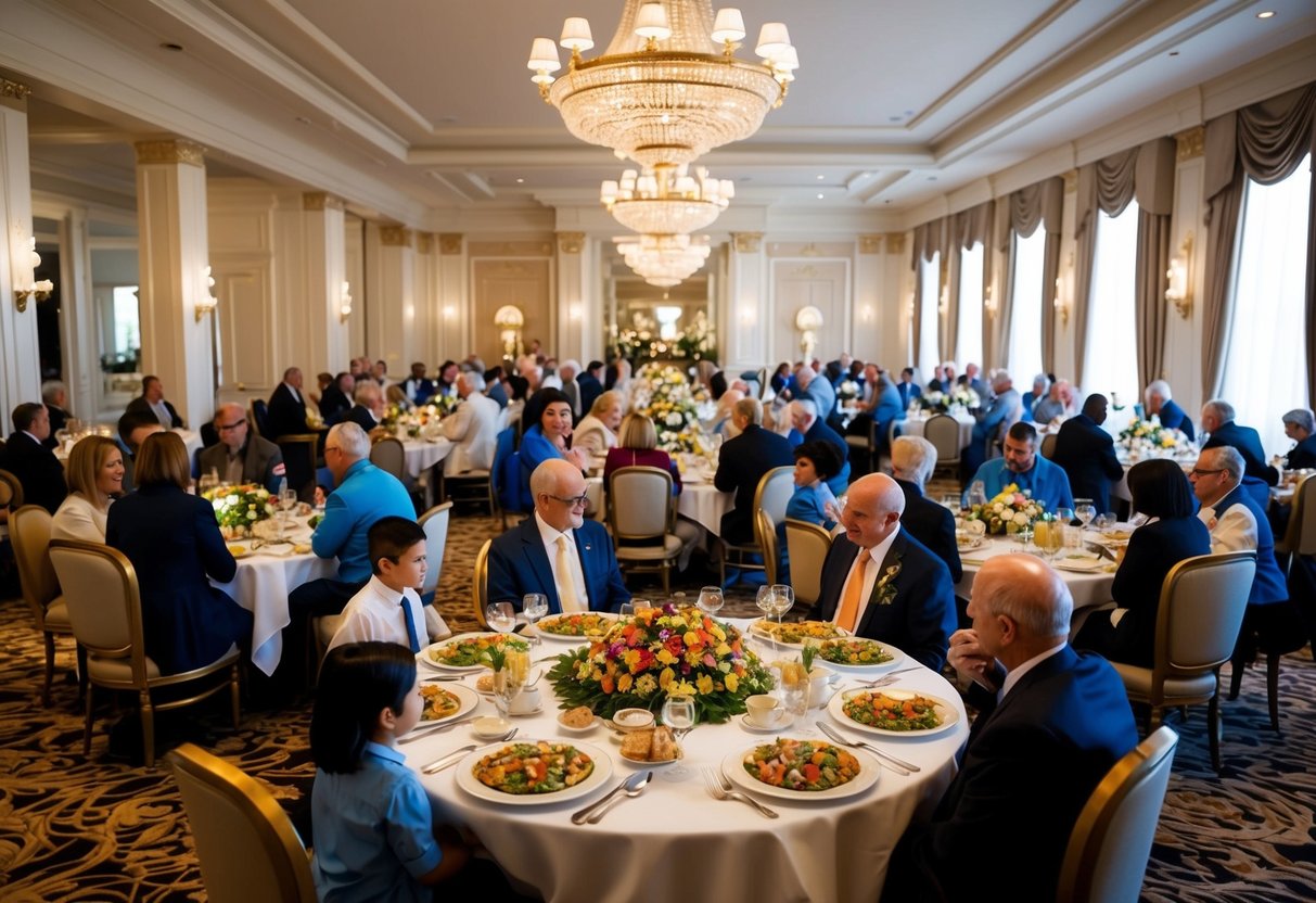 A grand hotel dining room filled with tables adorned with elaborate feasts, surrounded by families enjoying the Sunday dining promotions