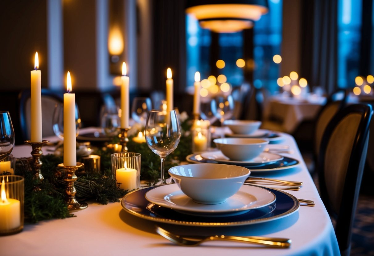 A cozy table set with candles and elegant dinnerware, surrounded by dimly lit ambiance in a luxurious hotel dining room