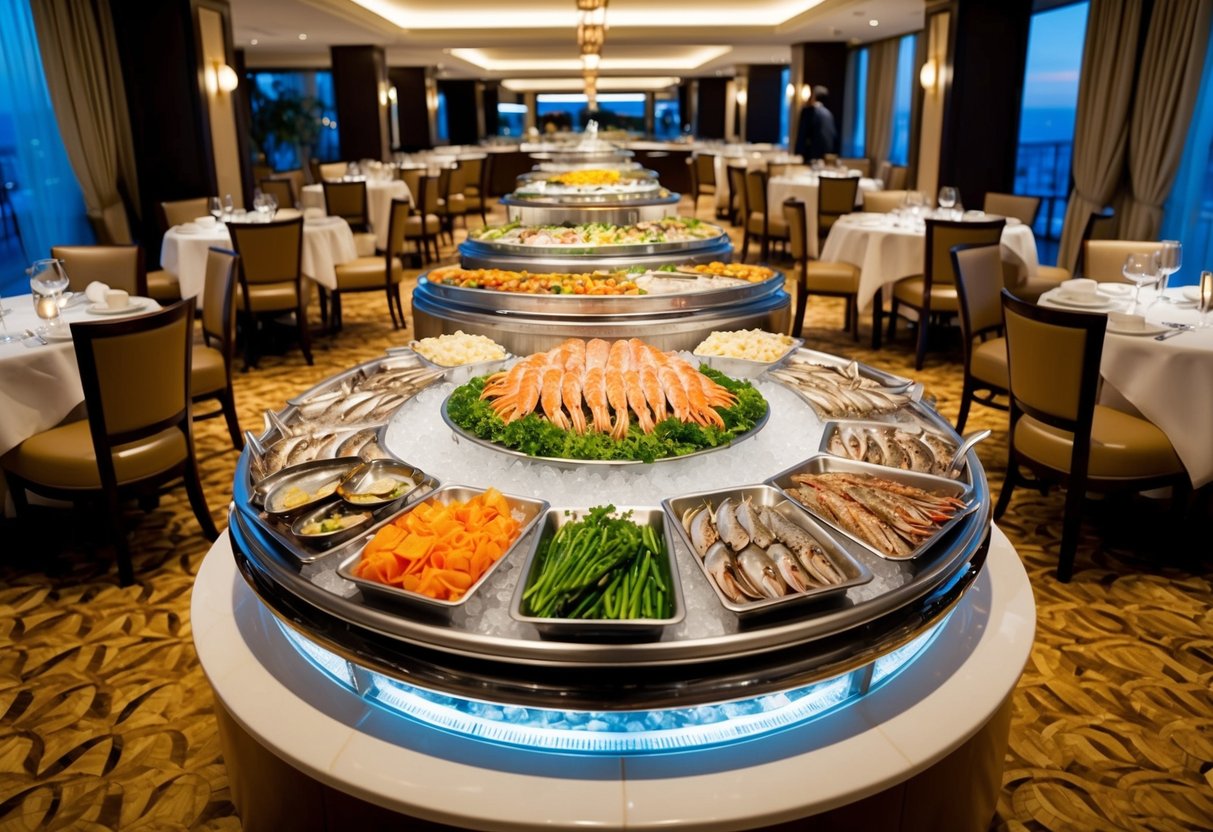 A grand buffet of fresh seafood displayed on ice, surrounded by elegant dining tables and chairs in a luxurious hotel restaurant