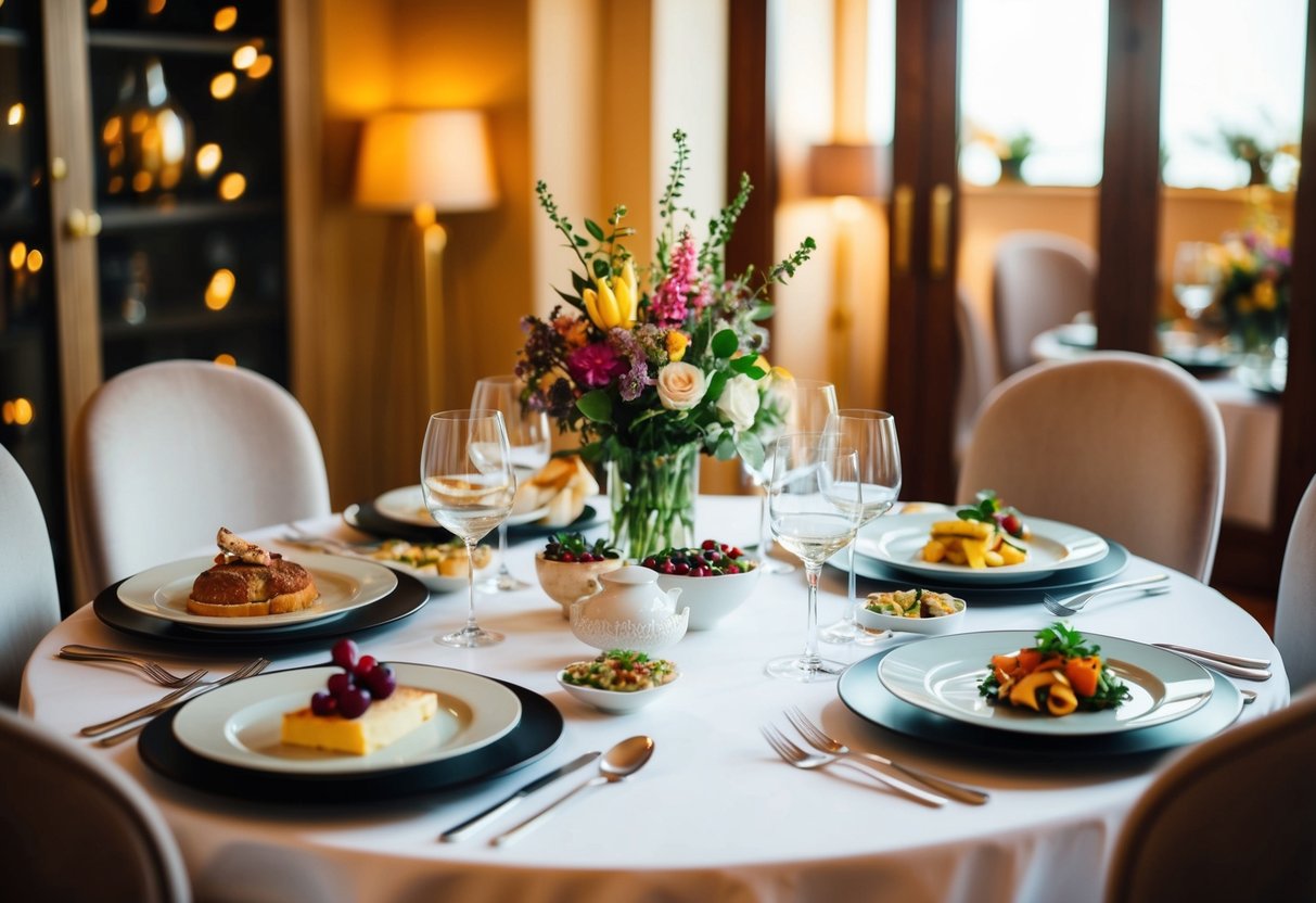A table set with elegant dinnerware and a variety of delicious dishes, surrounded by a warm and inviting atmosphere