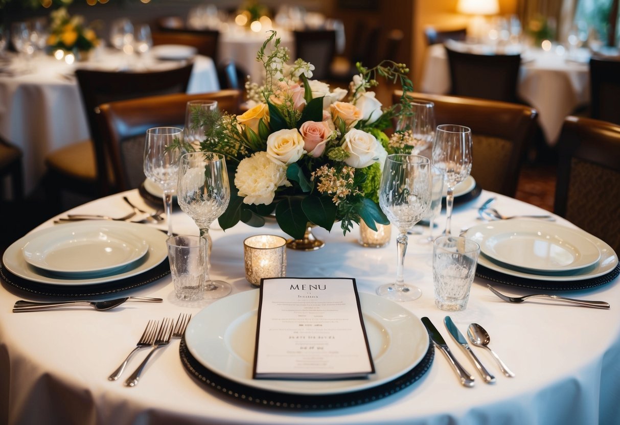 A beautifully set table with elegant dinnerware, sparkling glassware, and a centerpiece of fresh flowers. A menu featuring enticing dishes and a warm, inviting atmosphere