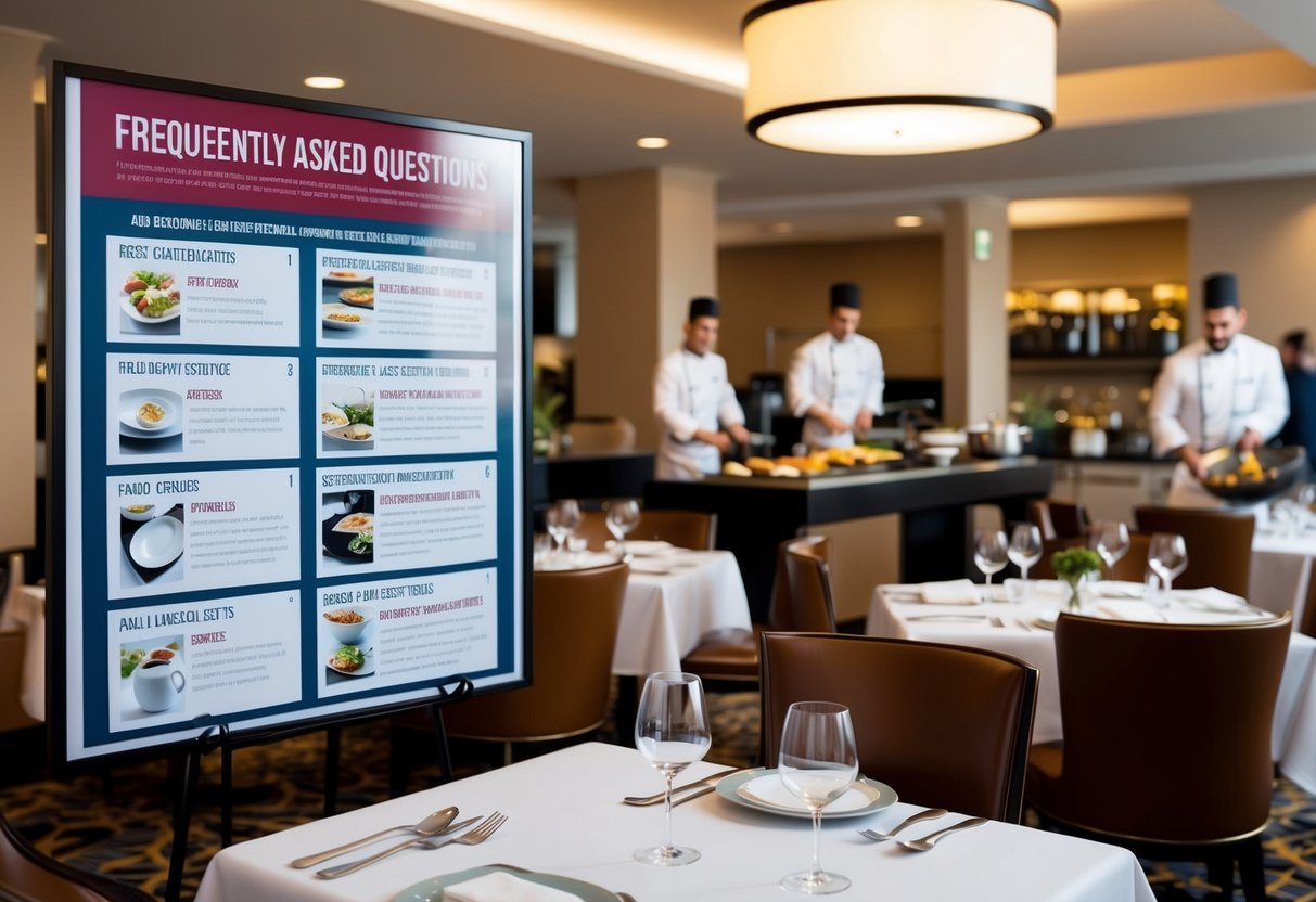 A bustling hotel dining area with a promotional display featuring frequently asked questions. Tables are set with elegant place settings, and a chef is preparing a special dish in the background