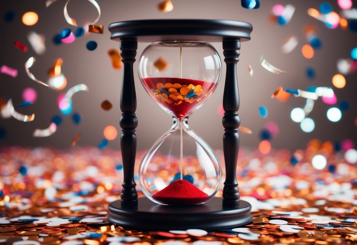 An hourglass surrounded by falling confetti