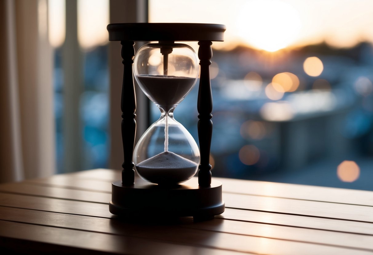 An hourglass sits on a wooden table, its sand slowly trickling from the top chamber to the bottom, marking the passage of time
