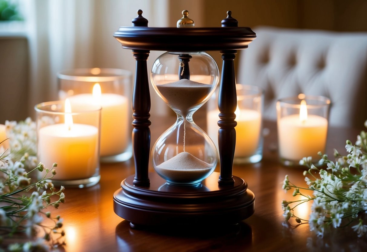 An elegant sand clock sits on a polished wooden table, surrounded by soft candlelight and delicate flowers