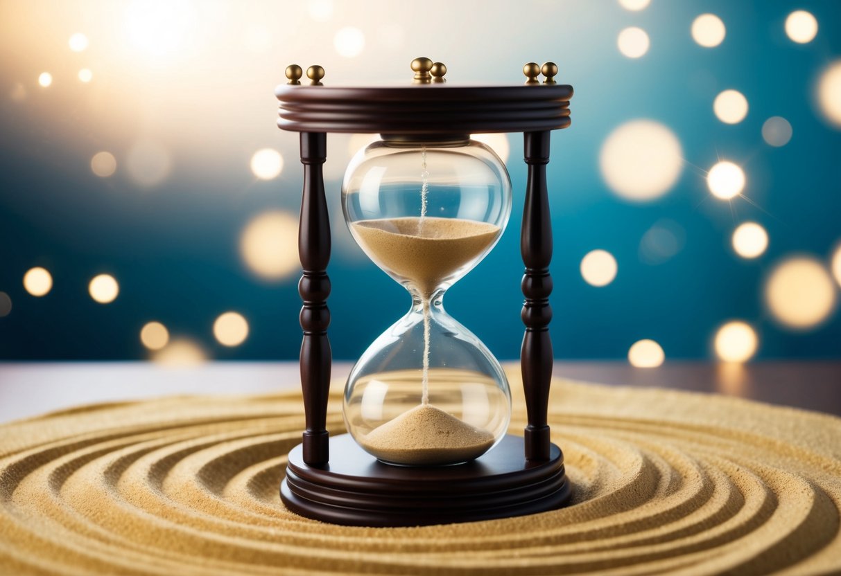 An hourglass with a Time Turner design surrounded by sparkling stars and swirling sand