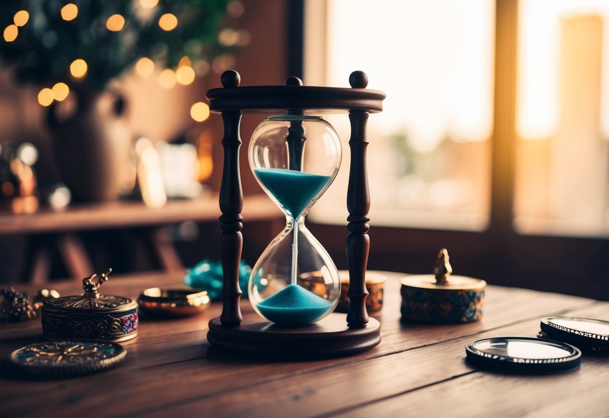 An hourglass sits on a wooden table, surrounded by artisan-crafted trinkets and