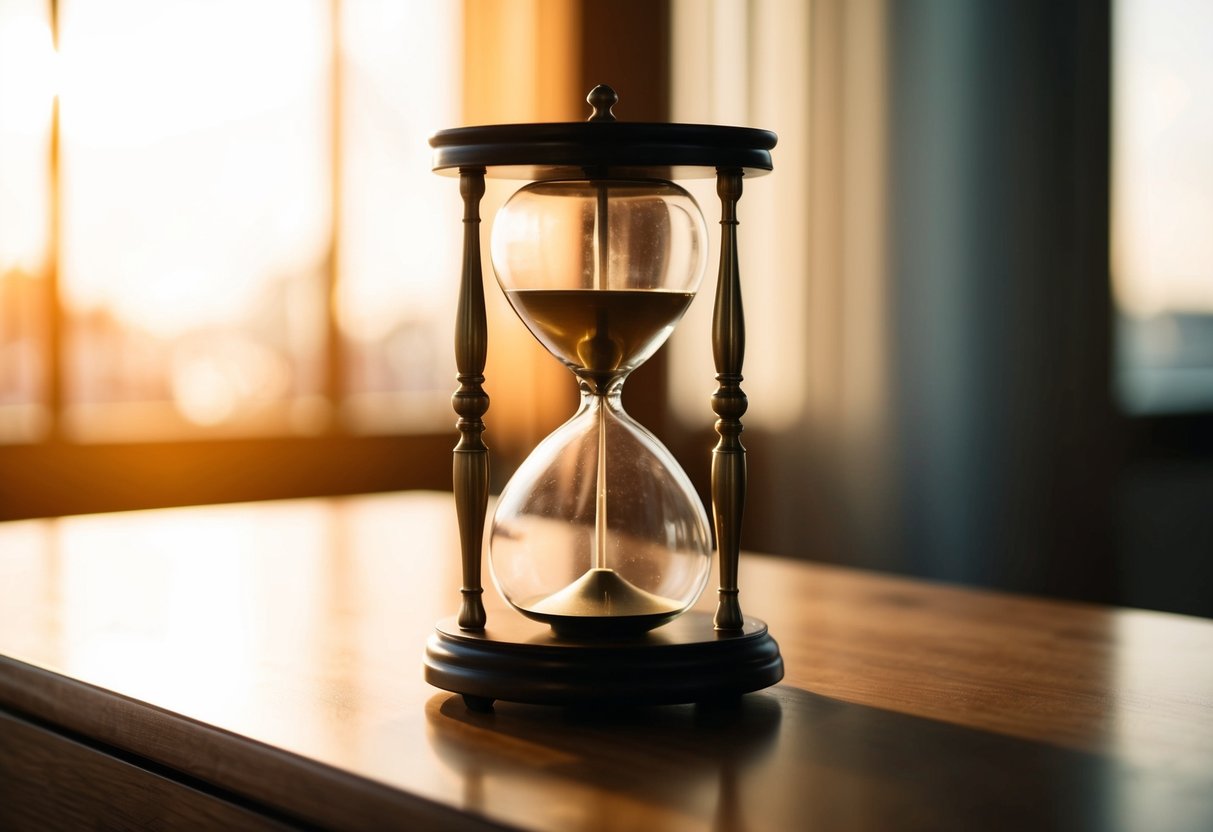 A classic brass hourglass on a wooden desk with soft, warm lighting