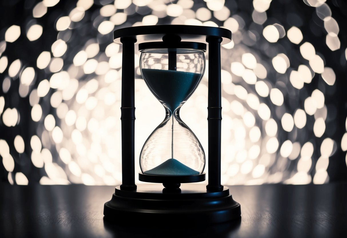 An hourglass with a cylindrical shape stands on a pedestal, surrounded by swirling patterns and glowing with a unique, otherworldly light