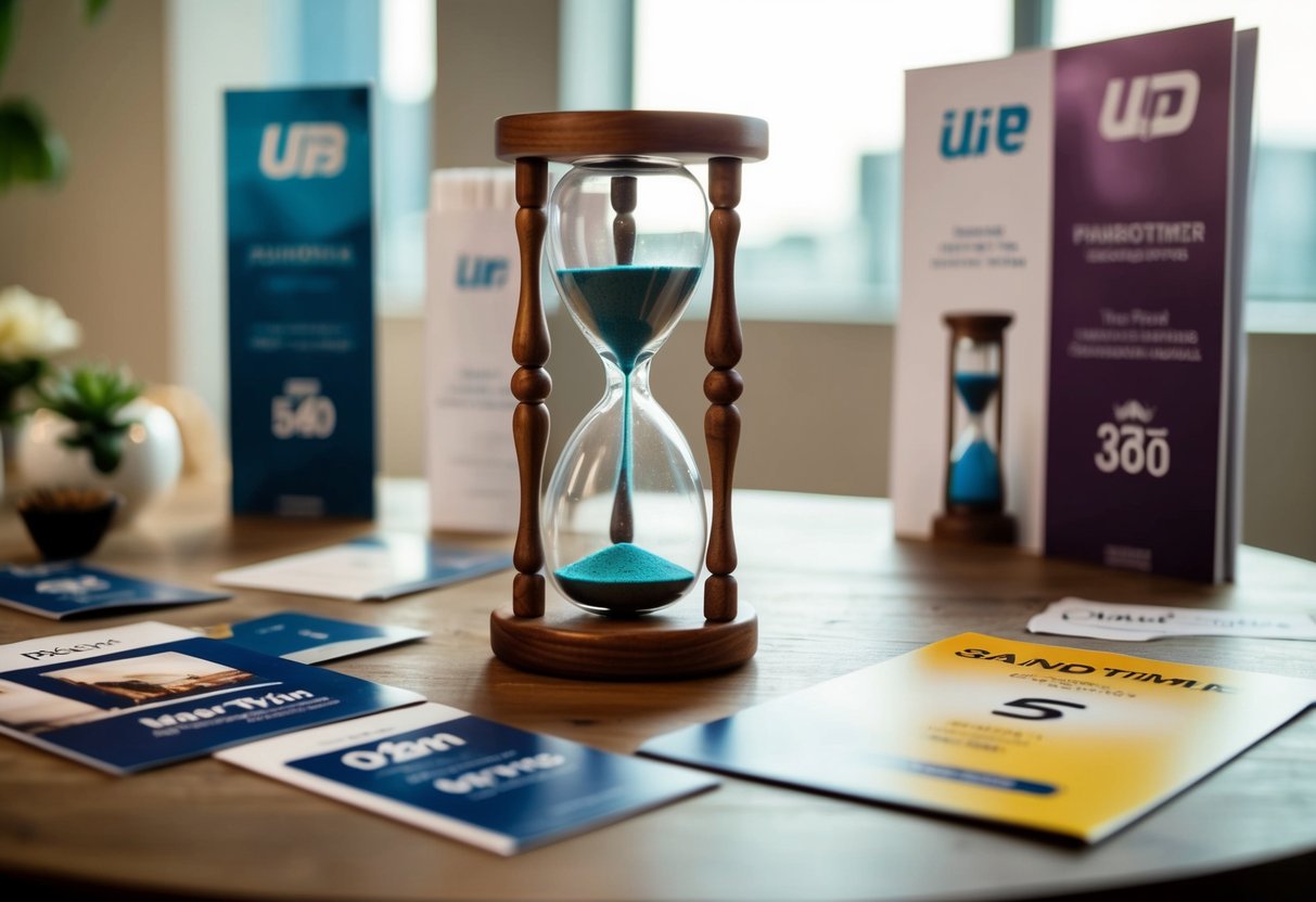 A handcrafted sand timer sits on a wooden table, surrounded by promotional materials and decorative elements