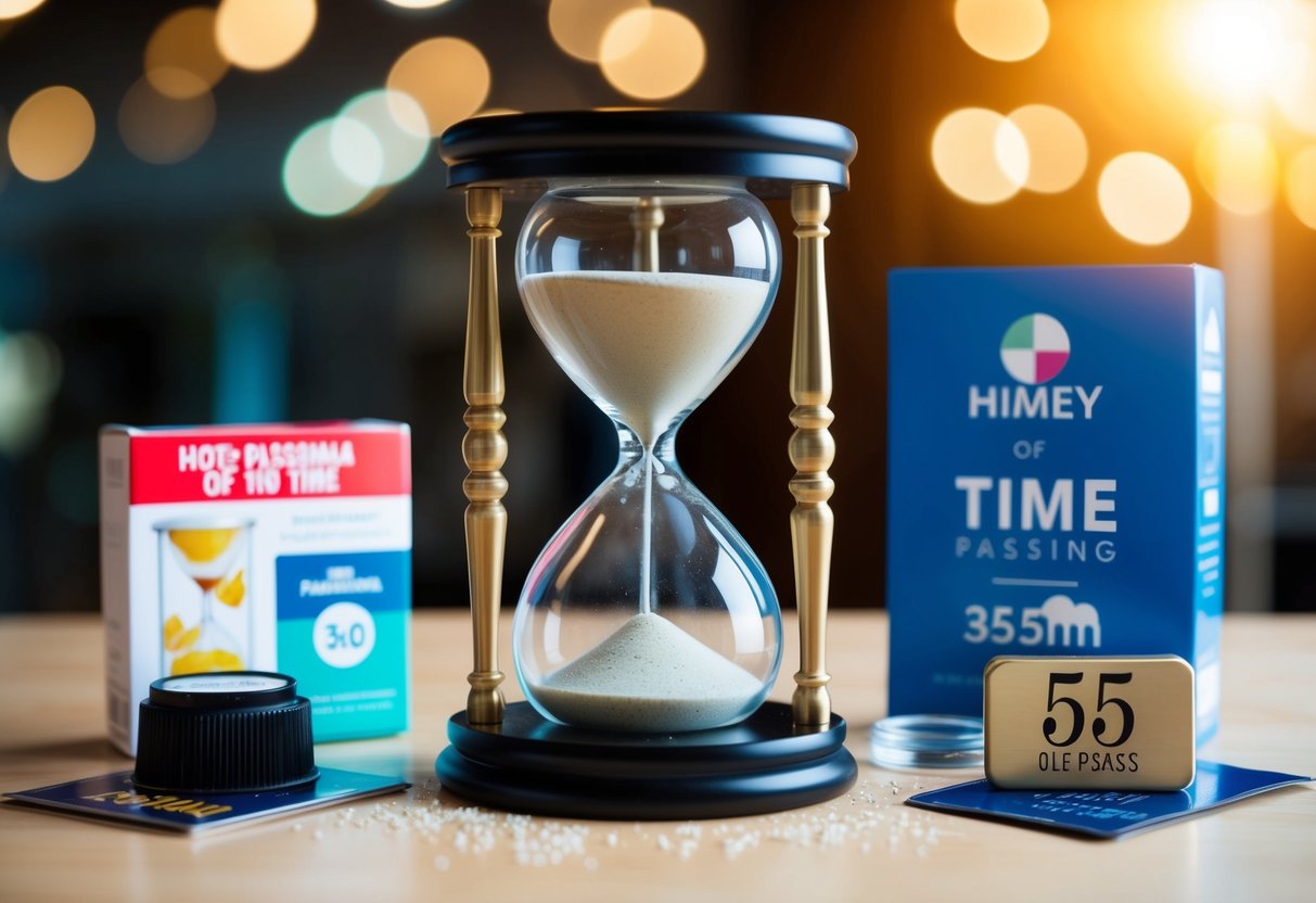 An hourglass with sand flowing from top to bottom, surrounded by promotional items and symbols of time passing