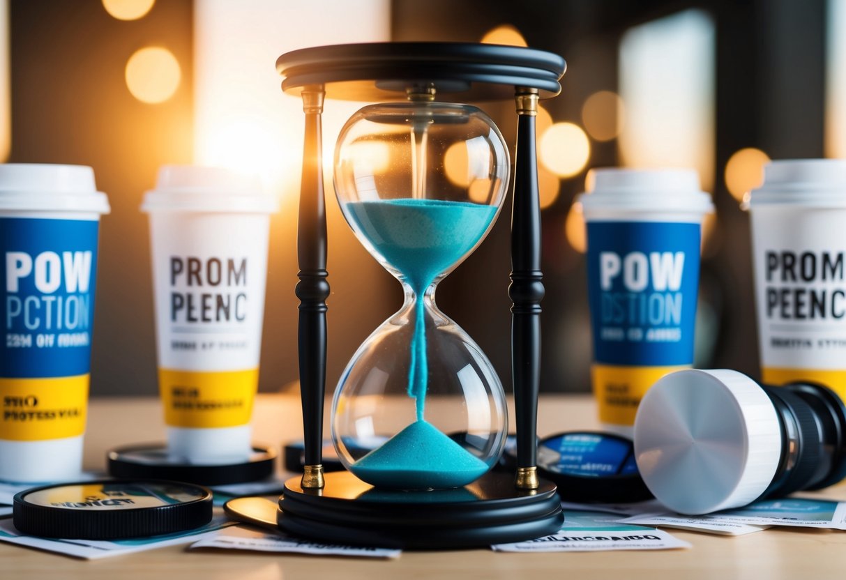 An hourglass with sand running through the center, surrounded by promotional items and a sense of urgency