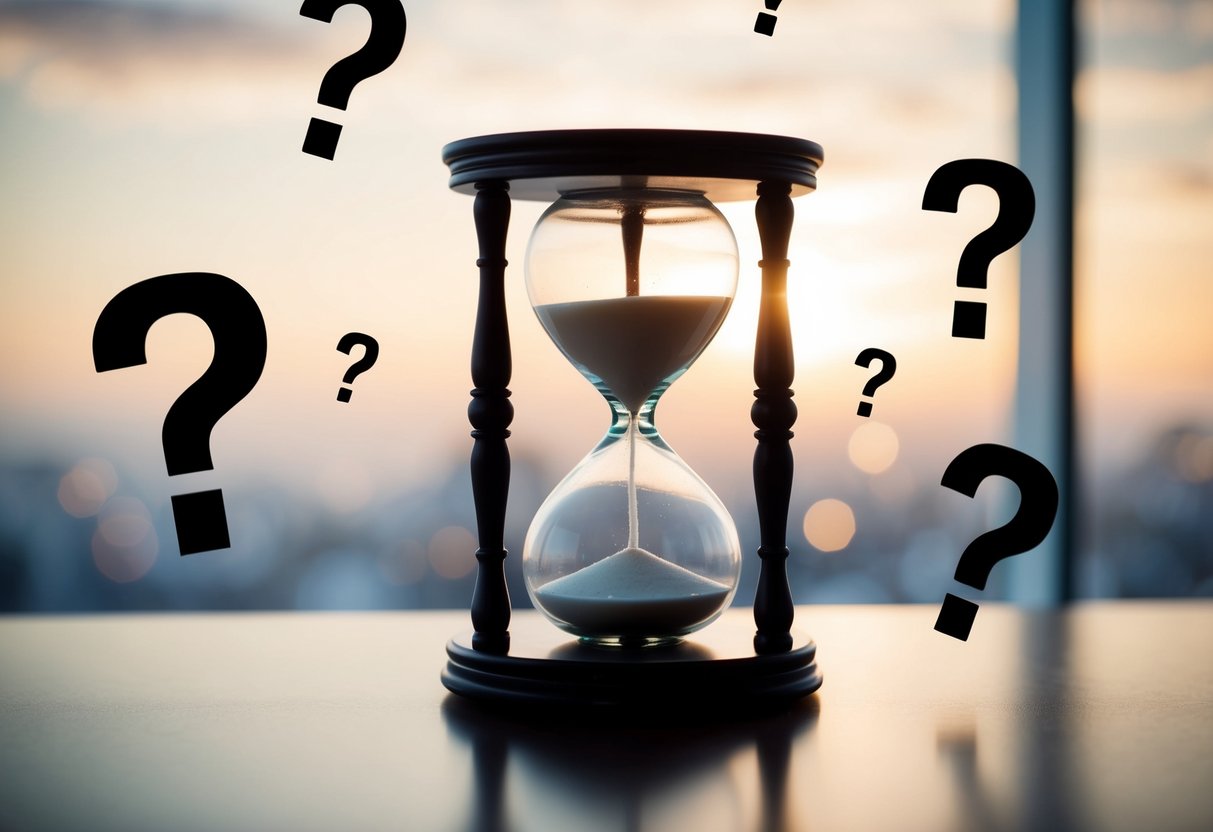 An hourglass surrounded by floating question marks and promotional symbols