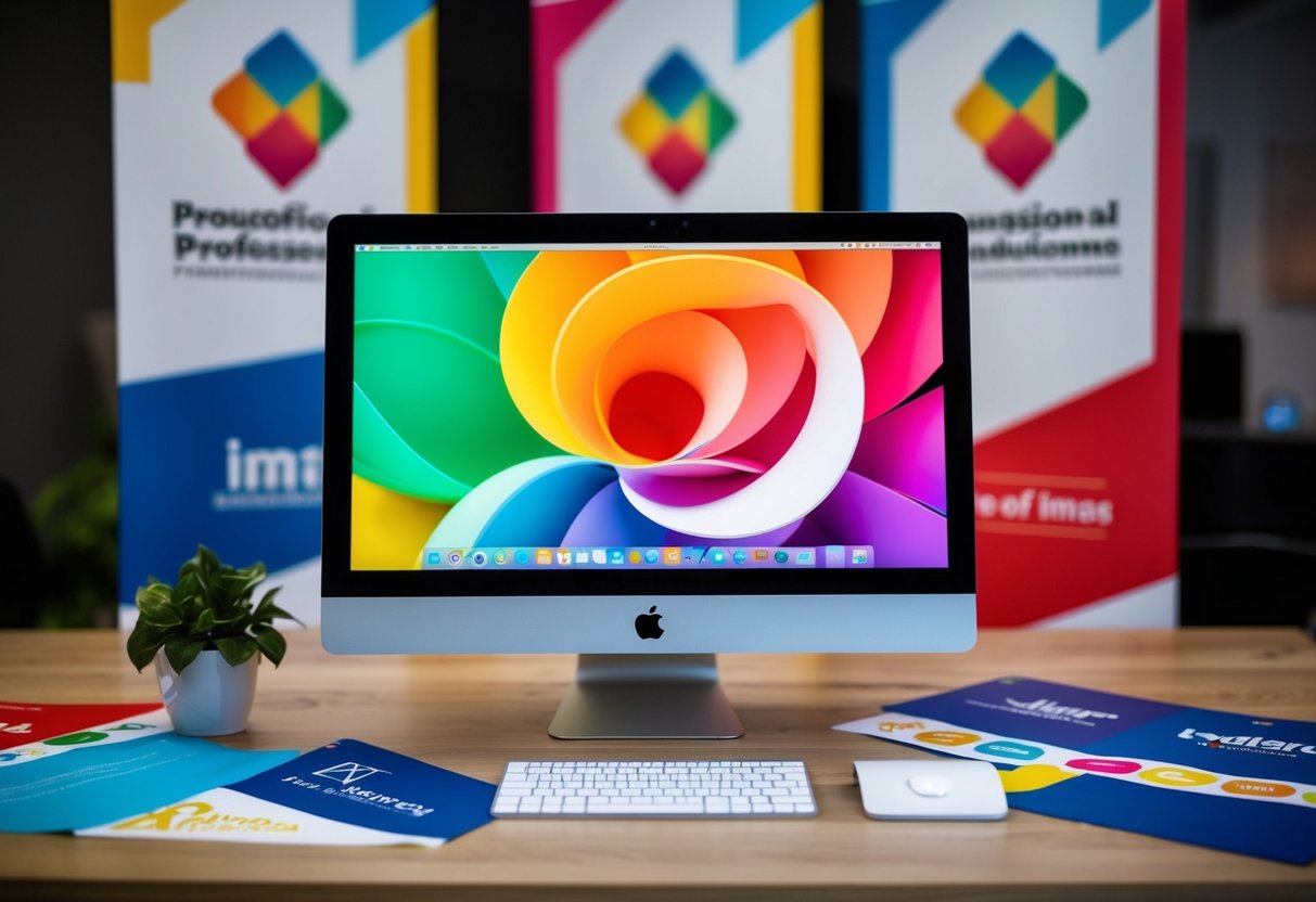 An iMac surrounded by colorful promotional banners and logos