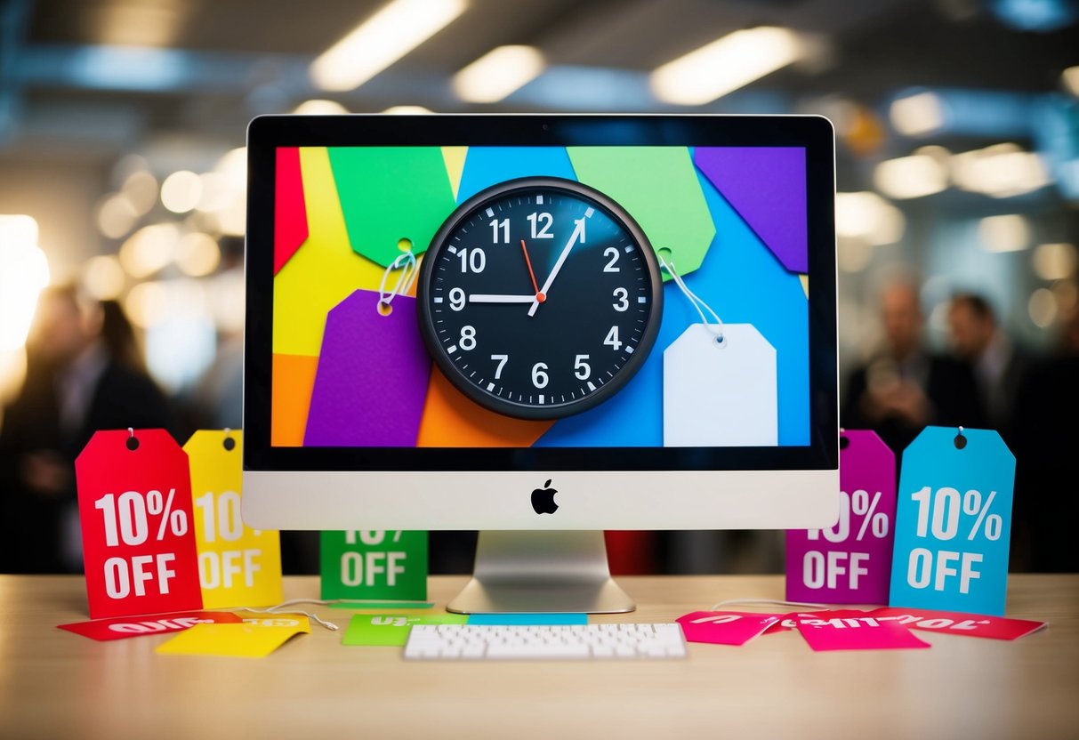 An iMac surrounded by colorful discount tags and a countdown clock