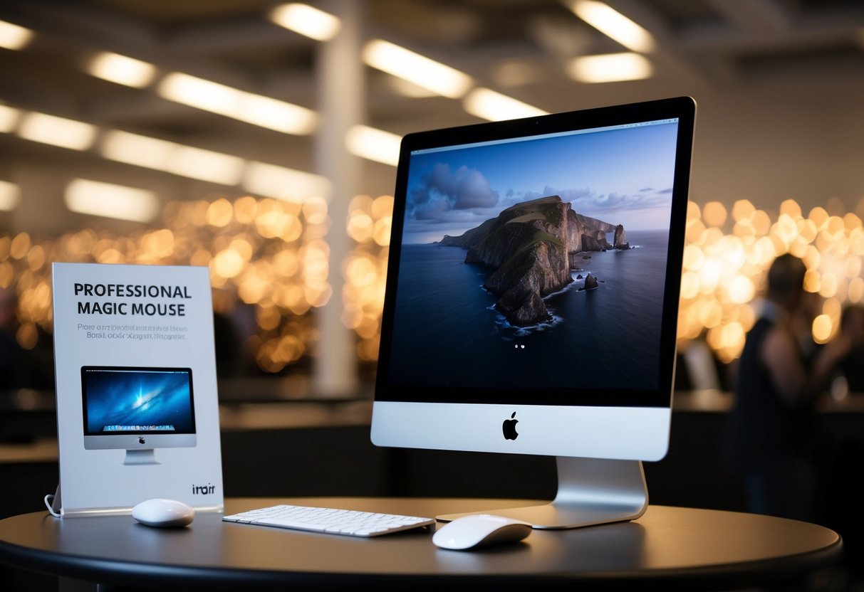 An iMac and a Magic Mouse displayed together with a promotional sign