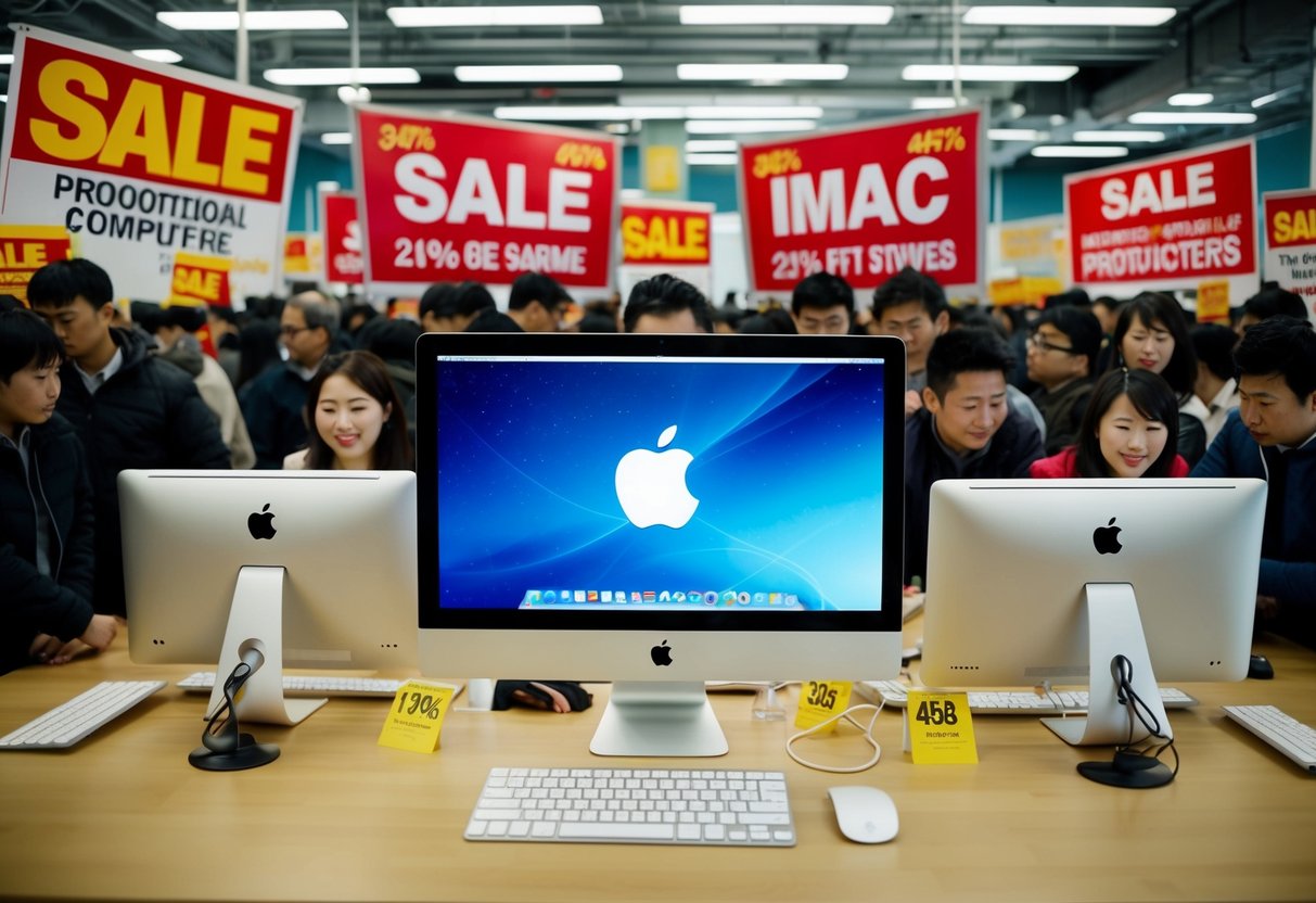 An iMac surrounded by sale signs and promotional banners, with a crowd of people eagerly browsing and purchasing the discounted computers