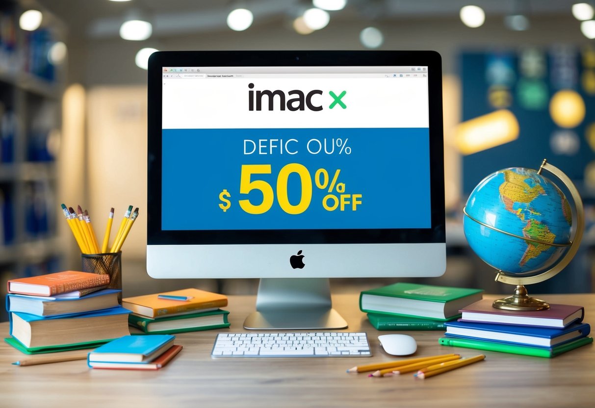 An iMac surrounded by educational items like books, pencils, and a globe, with a discount percentage displayed prominently