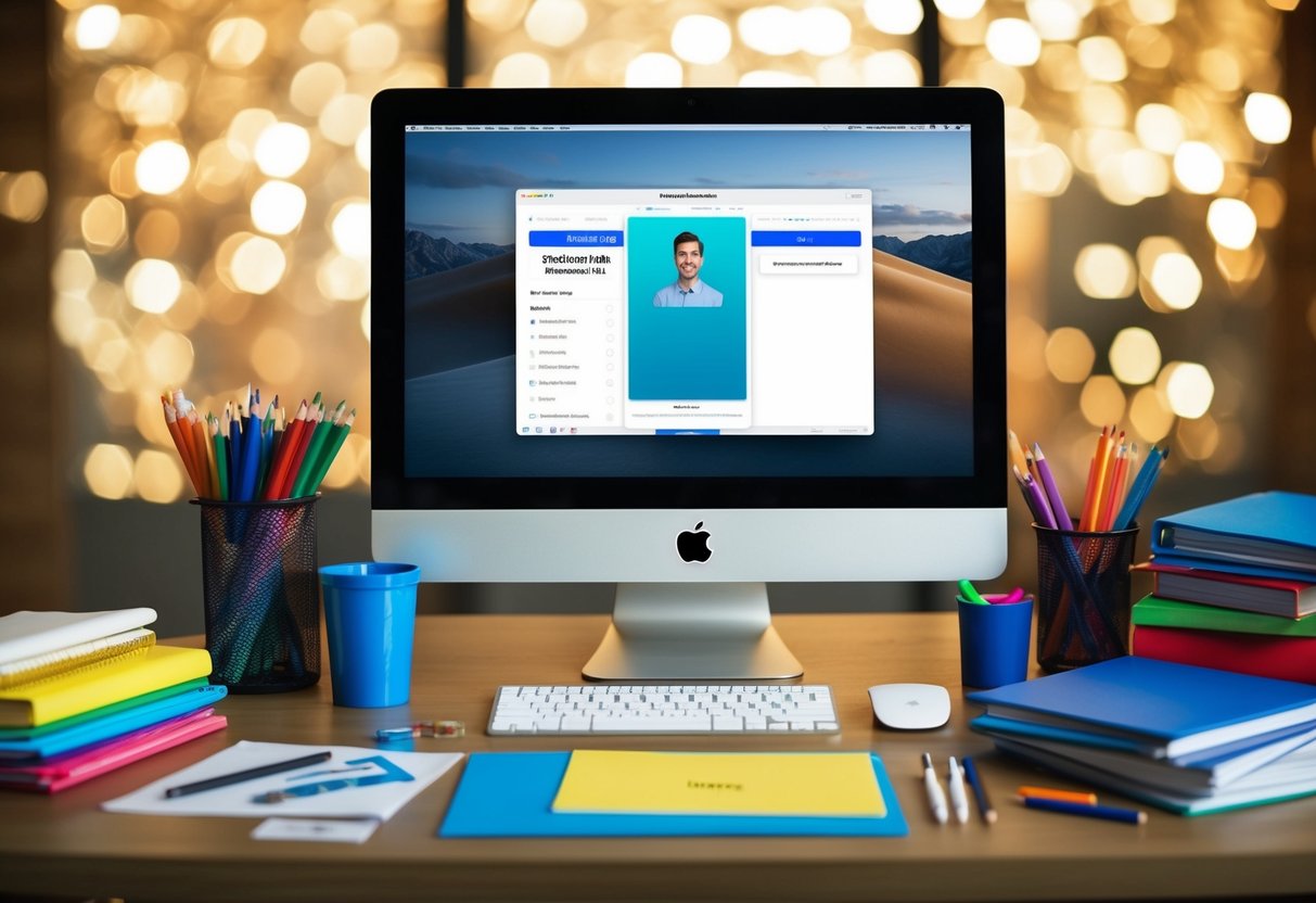 An iMac surrounded by school supplies and a student ID card