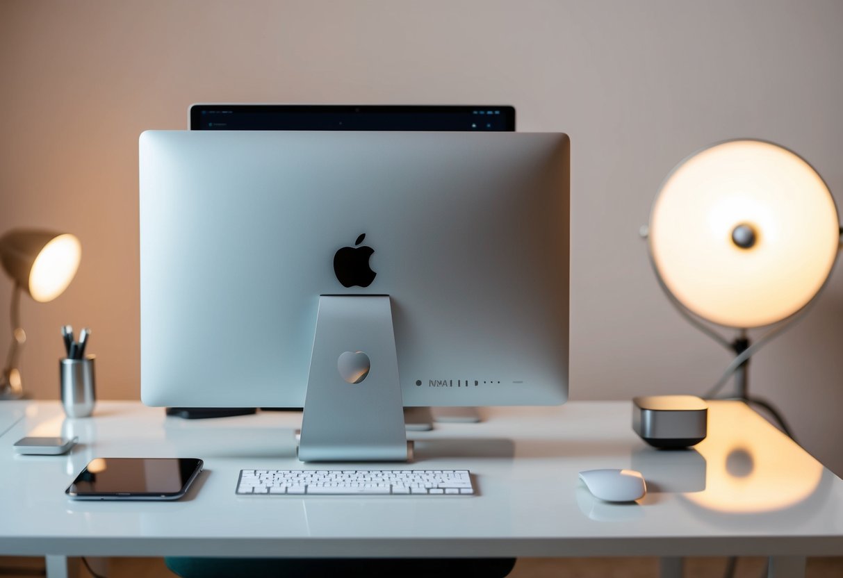 A sleek, modern iMac sits on a clean, minimalist desk, surrounded by sleek accessories and a soft, warm light