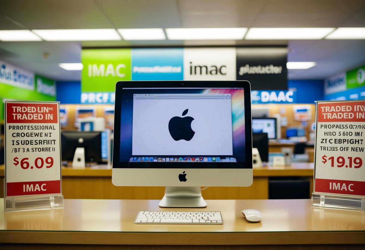 An old iMac being traded in at a store counter for a new one, with promotional signs and banners displayed around the store