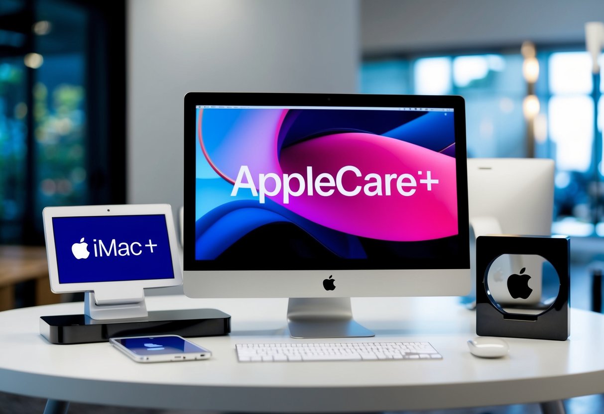 An iMac and AppleCare+ displayed together with a promotional sign, surrounded by sleek, modern technology accessories