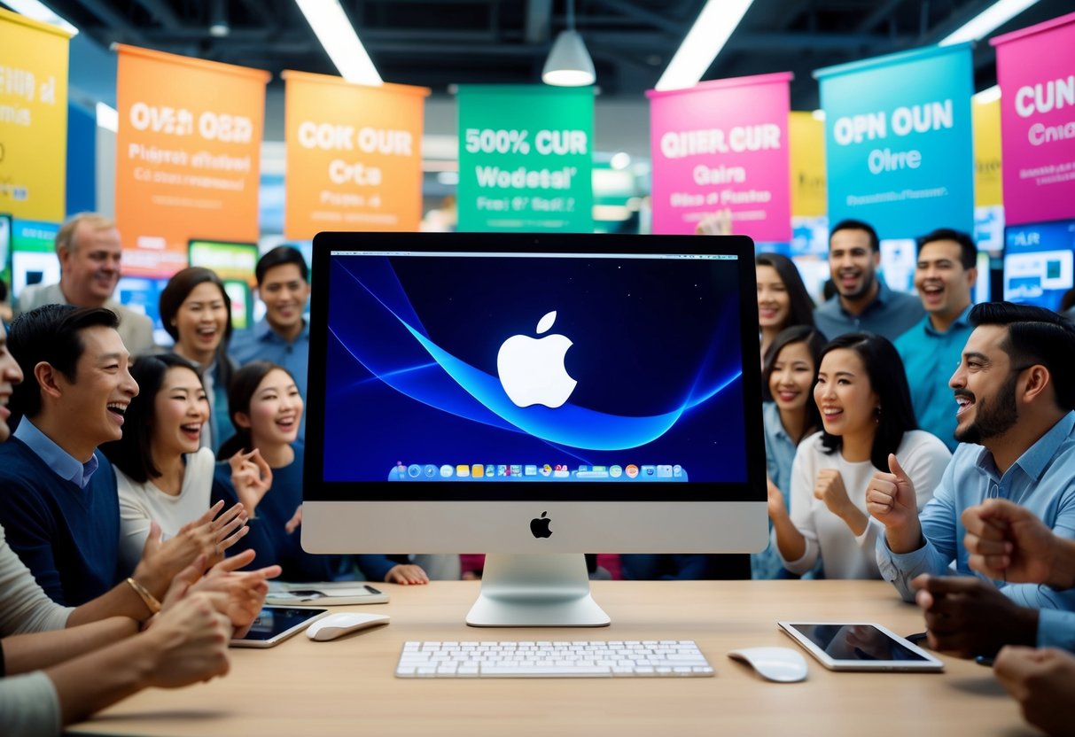 An iMac surrounded by colorful promotional banners and a crowd of excited customers at an electronics store