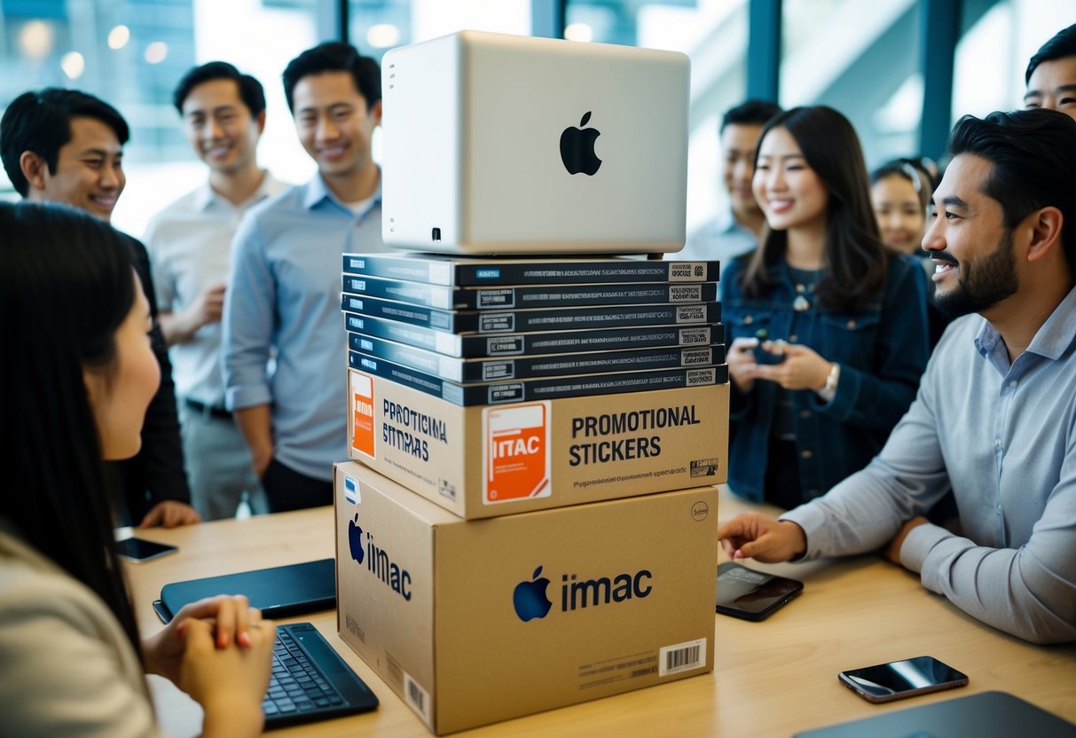 A stack of iMac boxes with promotional stickers, surrounded by a group of curious customers