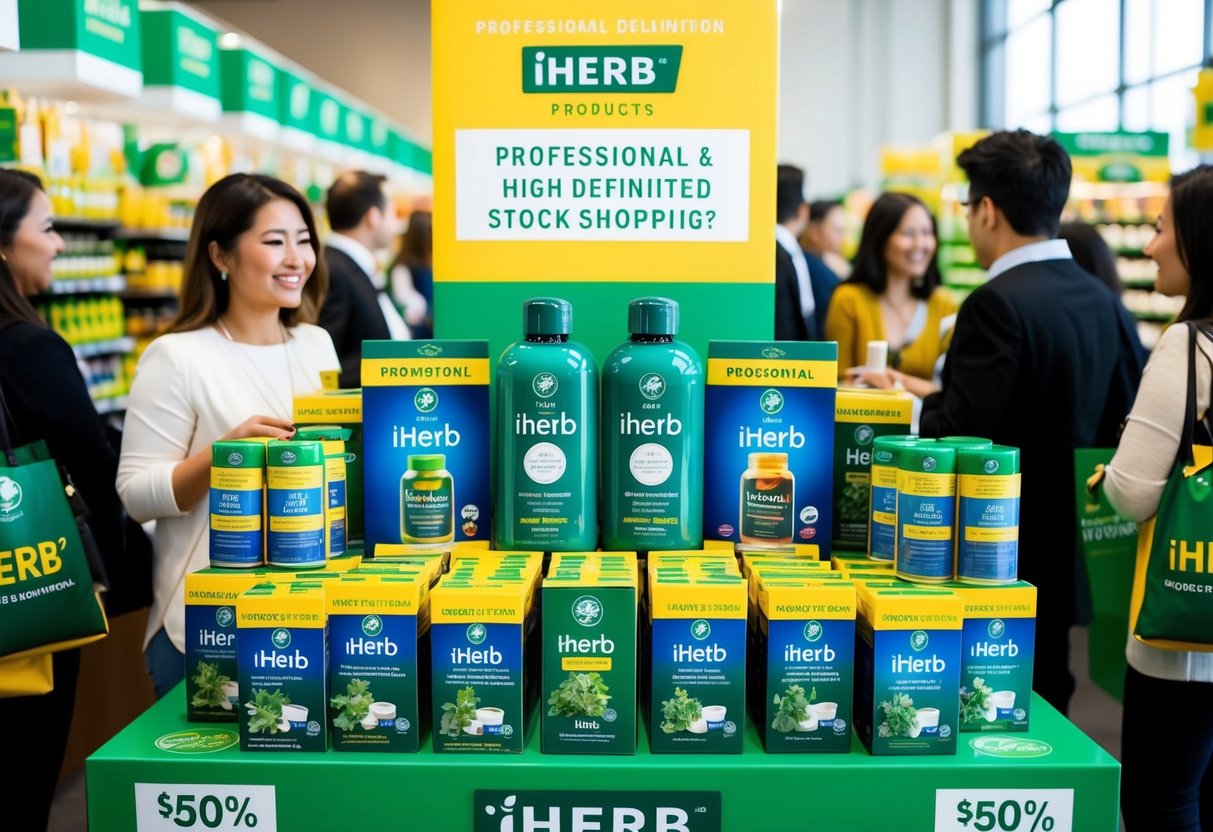 A vibrant display of iHerb products with promotional banners and discounts, surrounded by happy customers browsing and shopping